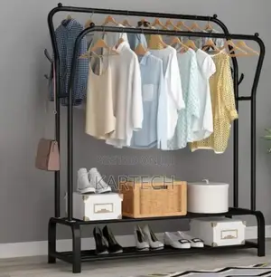 Curved Double Clothes Rack With 2 Bottom Shelf Storage