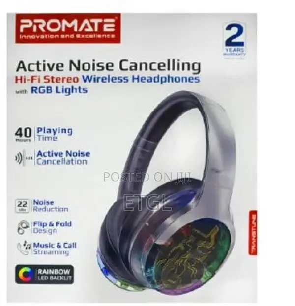 Promate ANC Hi-Fi Stereo Wireless Headphones With RGB Lights