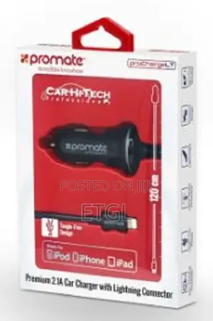 Promate Car Charger With Lightning Connector for iPad, Iphon