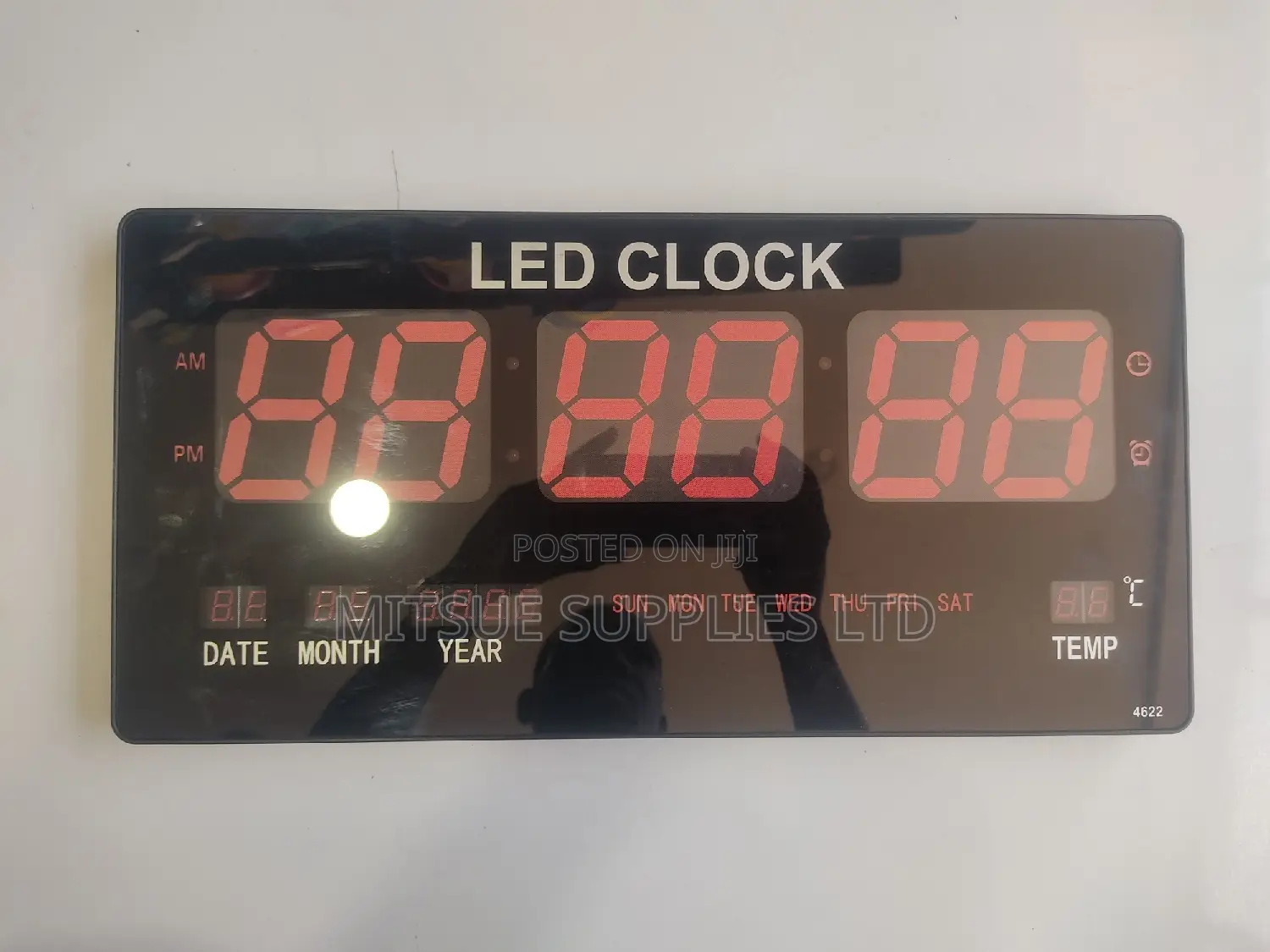 LED Clock Black 46x22x3cm With Time Date Display