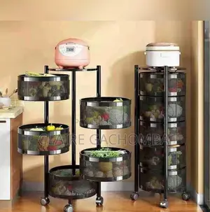 Metallic 5 Tier Round Kitchen Storage Rack With Wheels