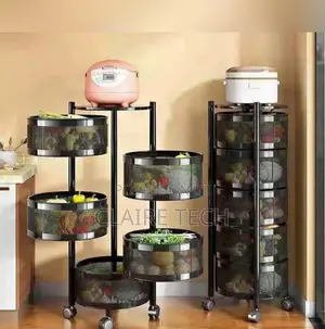 Metallic 5 Tier Round Kitchen Storage Rack With Wheels
