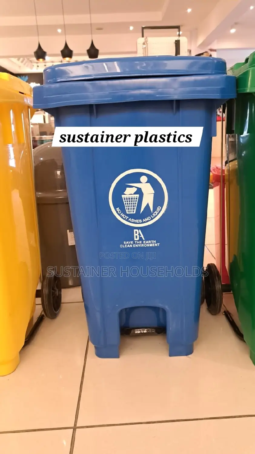 Blue Pedal Bin With Wheels