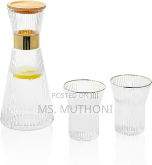 3 Pc Set Quality Ribbed Flute Shaped Carafe Glass Set