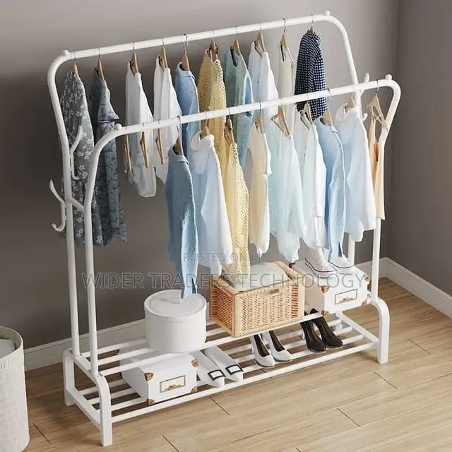 *Curved Double Clothes Rack With 2 Bottom Shelf Storage