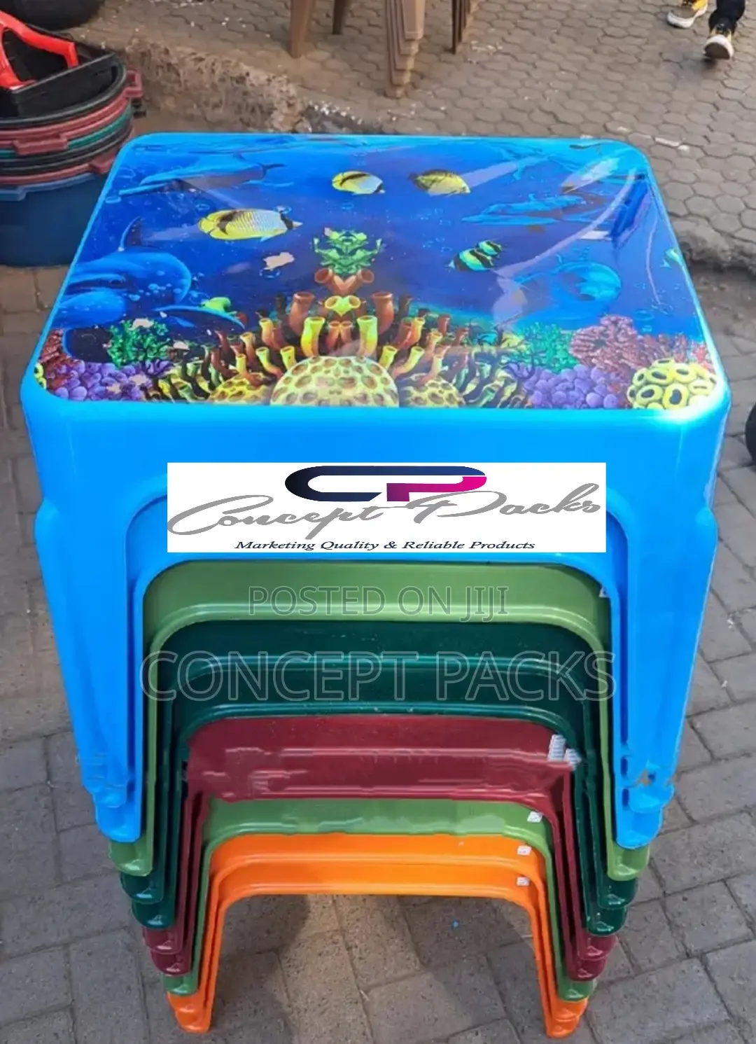 Square Printed Plastic Tables.