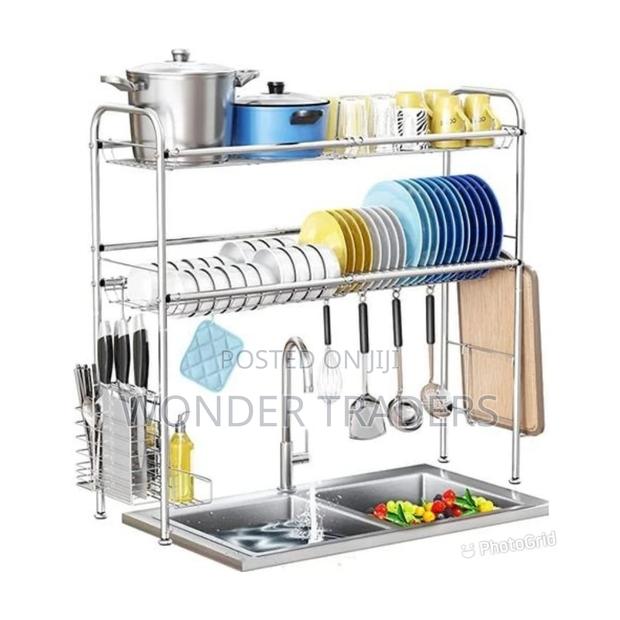 2 Tier Silver Over the Sink Dish Drainer With Hanging Hooks