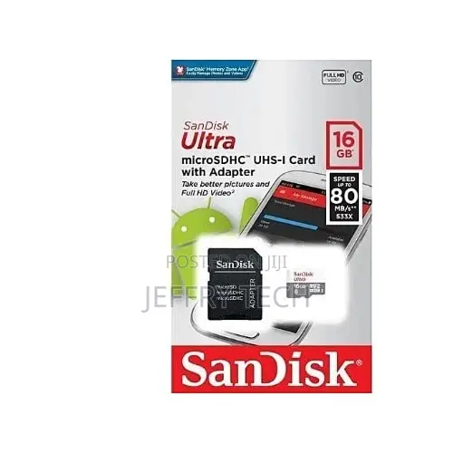 Sandisk Ultra 16gb Microsd 80mb/S Speed Memory Card & Adapter