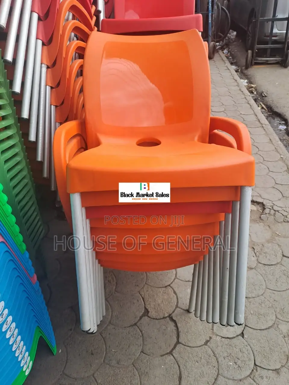Strong Orange Plastic Chairs With Metal Tubing