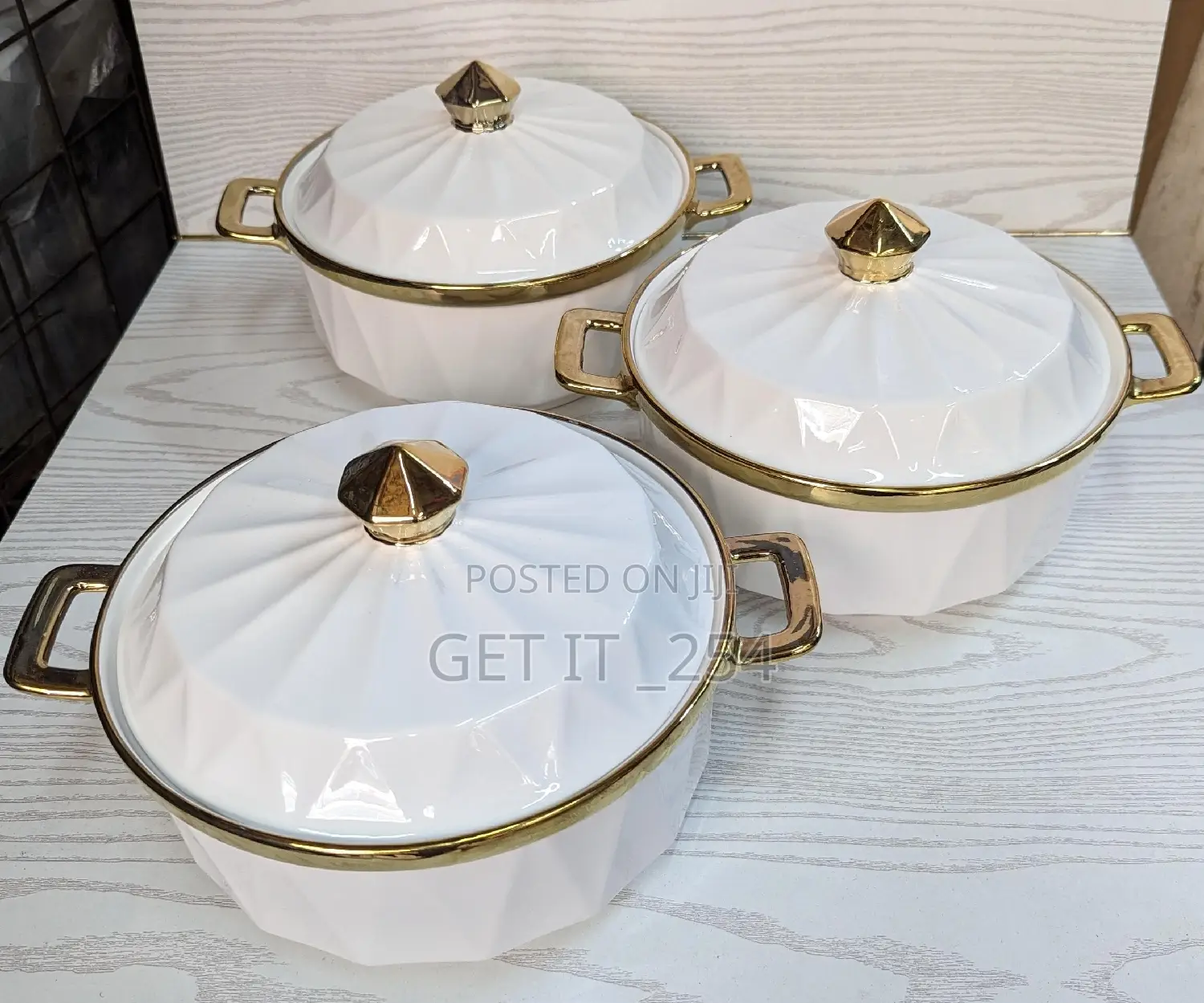 *3pcs Rectangular Gold Finishing Ceramic Serving Bolws