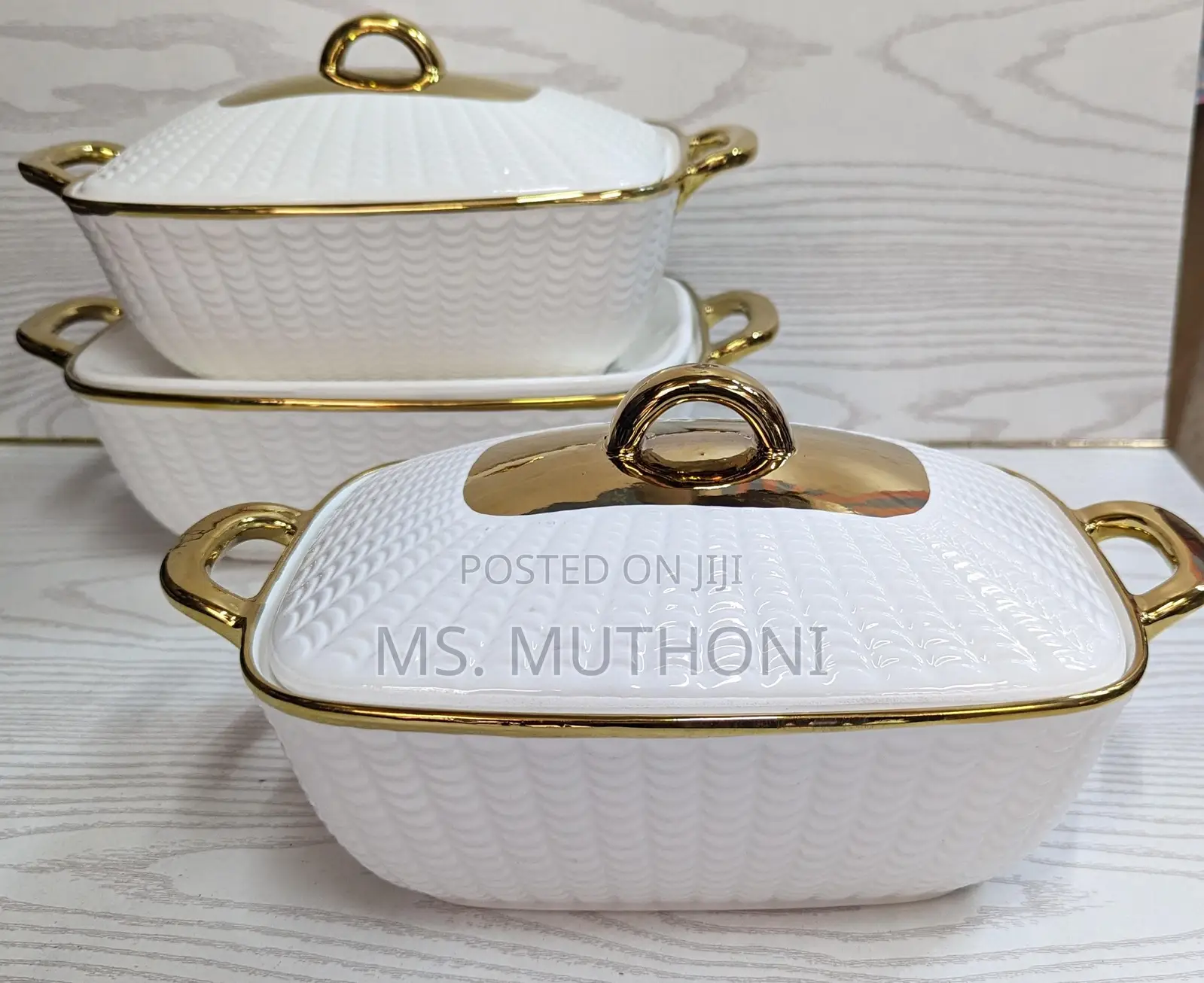 3pcs Rectangular Gold Finishing Ceramic Serving Bolws