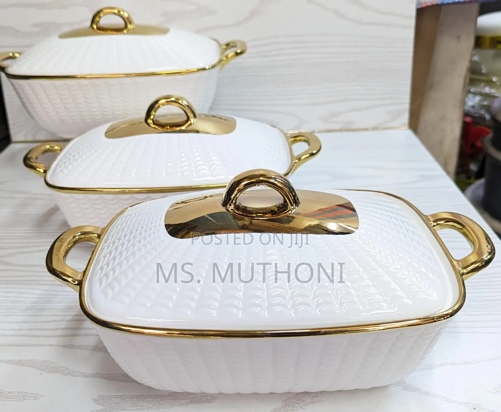 3pcs Rectangular Gold Finishing Ceramic Serving Bolws