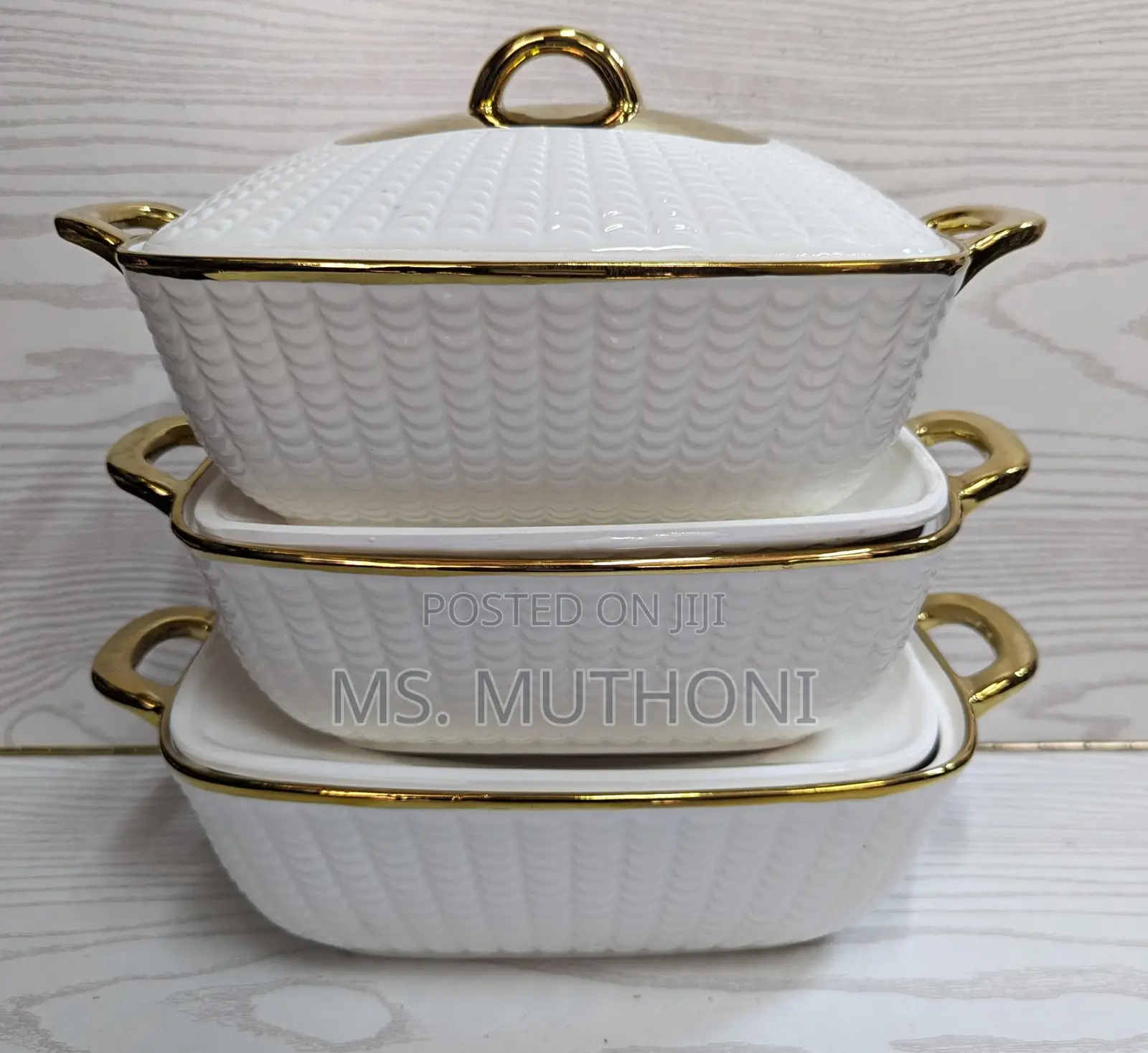 3pcs Rectangular Gold Finishing Ceramic Serving Bolws