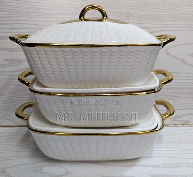 3pcs Rectangular Gold Finishing Ceramic Serving Bolws