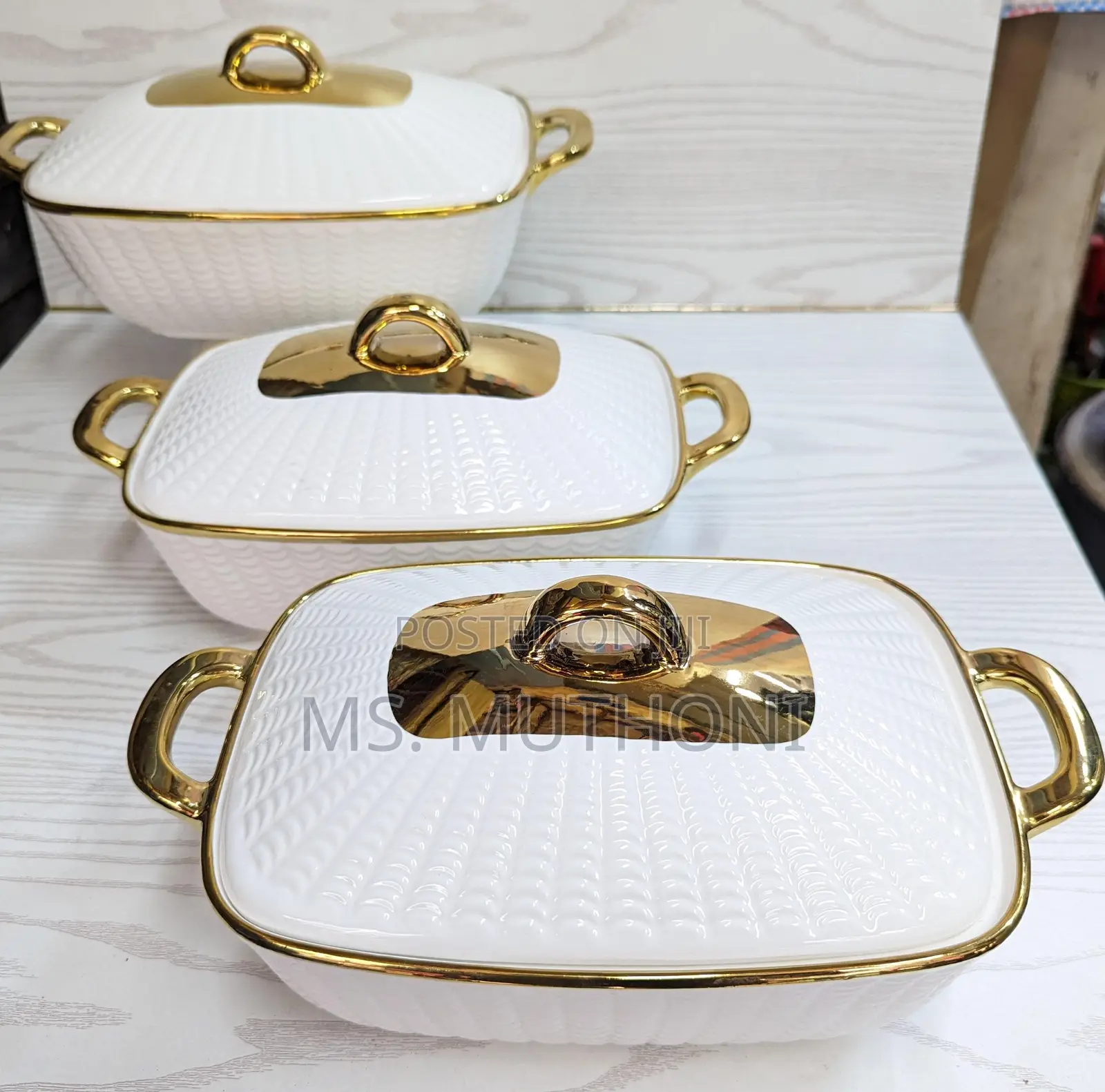 3pcs Rectangular Gold Finishing Ceramic Serving Bolws