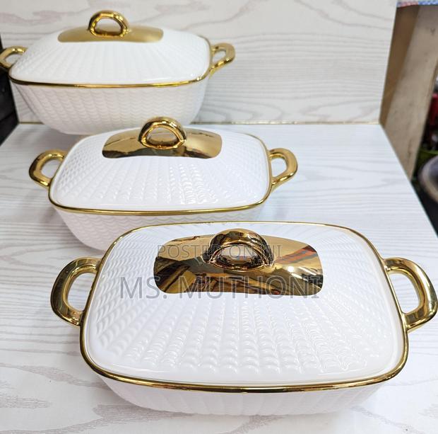 3pcs Rectangular Gold Finishing Ceramic Serving Bolws - thumbnail 4