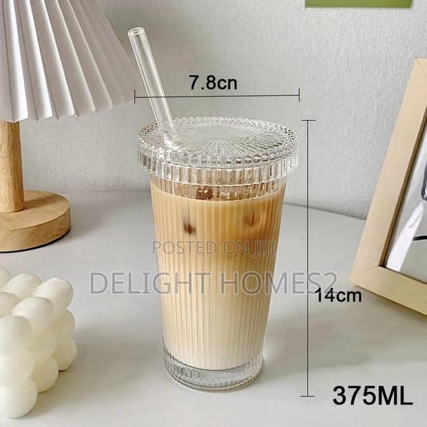 Ribbed Glass Cup With Straw - main view