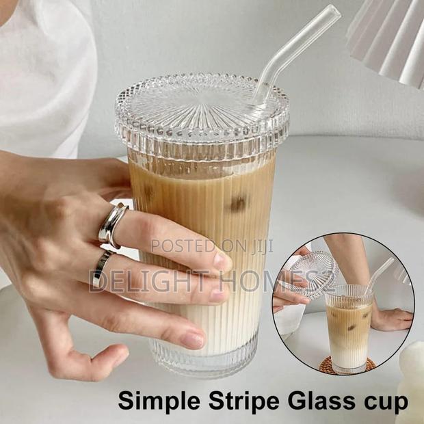 Ribbed Glass Cup With Straw - thumbnail 3