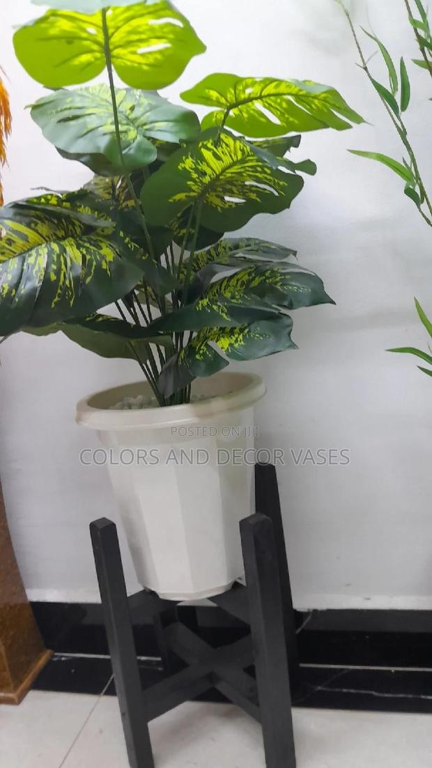Stand,Plastic Vase and Artificial Plant Plus Pebble Stones