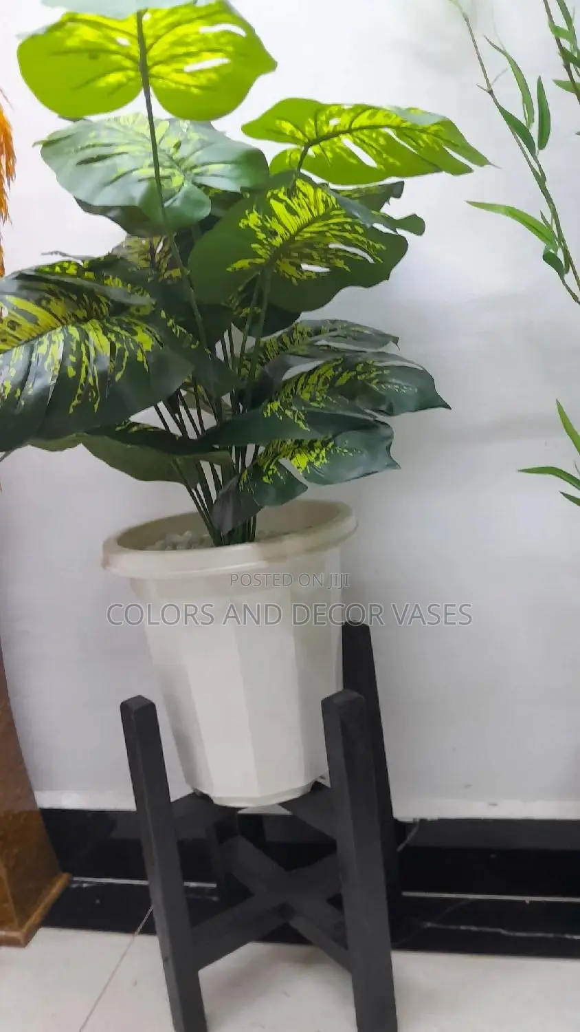 Stand,Plastic Vase and Artificial Plant Plus Pebble Stones