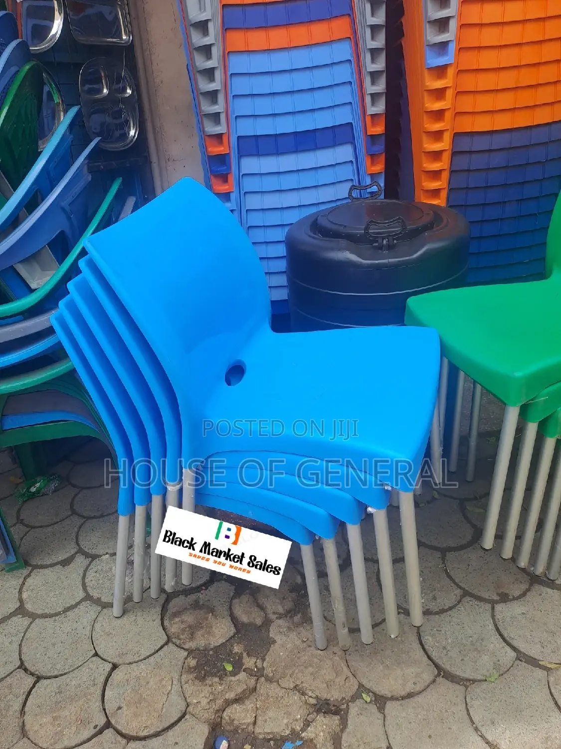 Blue Armless Plastic Chair With Metal Tubing Legs