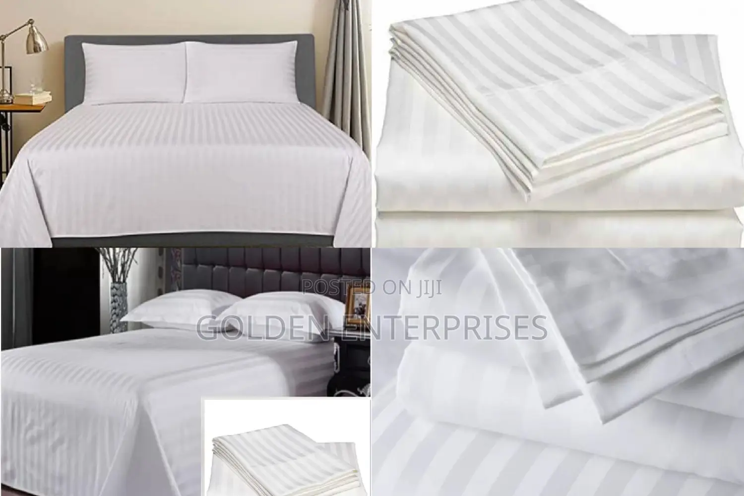 4pcs White Stripped Besheet Set, 2 Bedsheet, 2 Pillowcases