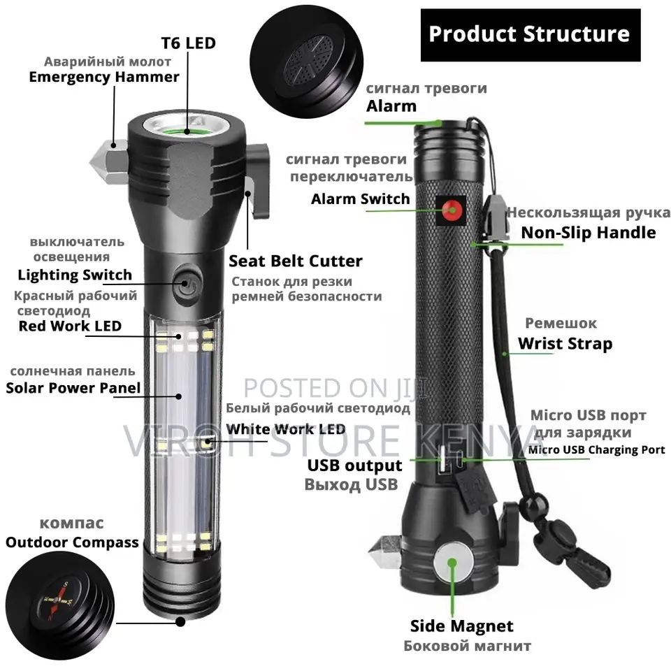 6 Modes Torch With Magnet / Hammer / Power Bank Solar Torch
