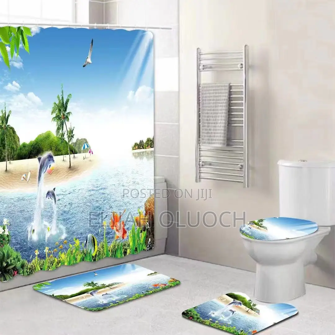 4in1 Bathroom Woolen Mats With a Waterproof Shower Curtain
