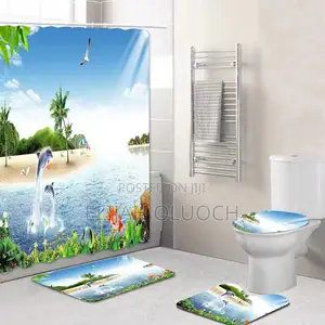 4in1 Bathroom Woolen Mats With a Waterproof Shower Curtain