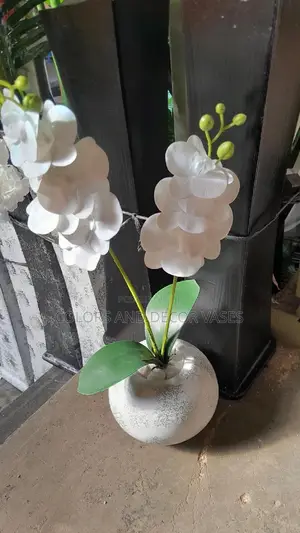 Artificial Orchids With Round Wooden Vase