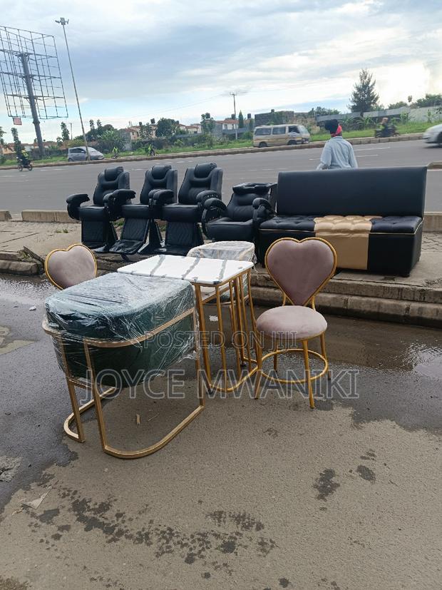 3 Barber Seats, Sink, Bench, Manicure Set, 2 Love Seats.