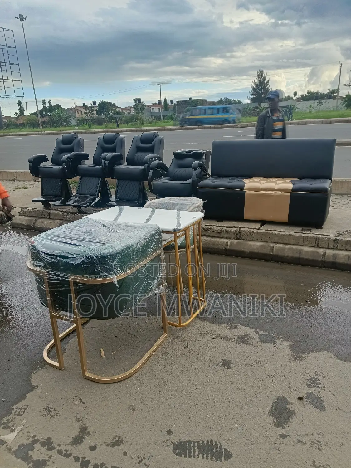 3 Barber Seats, Sink, Waiting Bench and Manicure Set 