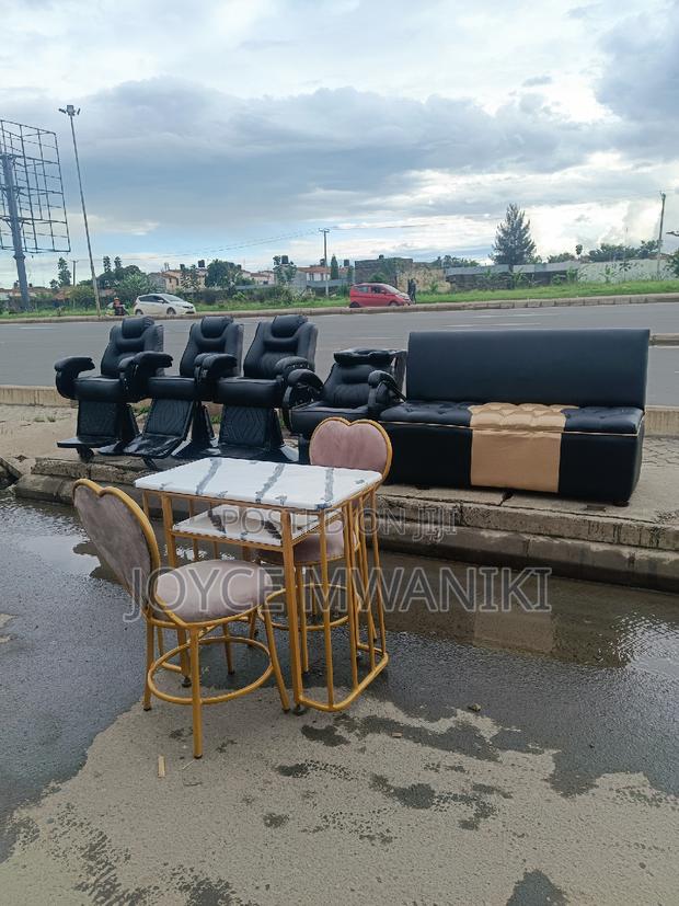3 Barber Seats, Sink, Waiting Bench and Manicure Set With - main view
