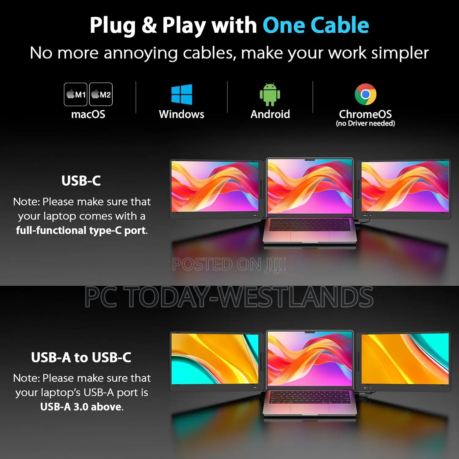QQH Triple Portable Monitor, 14” FHD 1080P IPS Laptop Screen