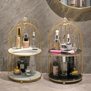 2 Tier Luxury Marble Textured With Gold Metal Makeup Storage