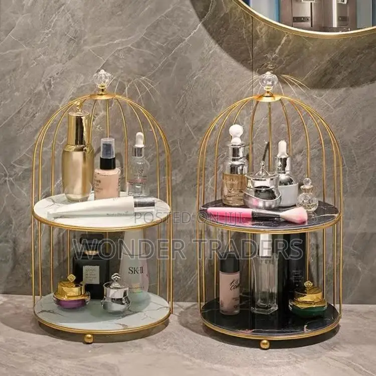 2 Tier Luxury Marble Textured With Gold Metal Makeup Storage