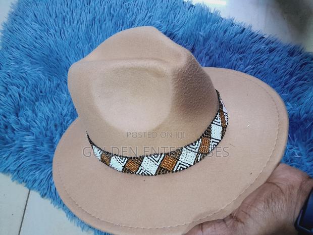 Beige Wide Brim Beaded Fedora Hat - main view