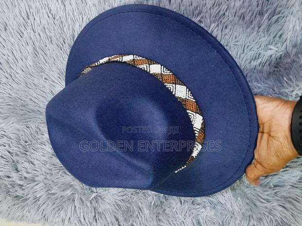 Navy Blue Wide Brim Beaded Fedora Hat - main view