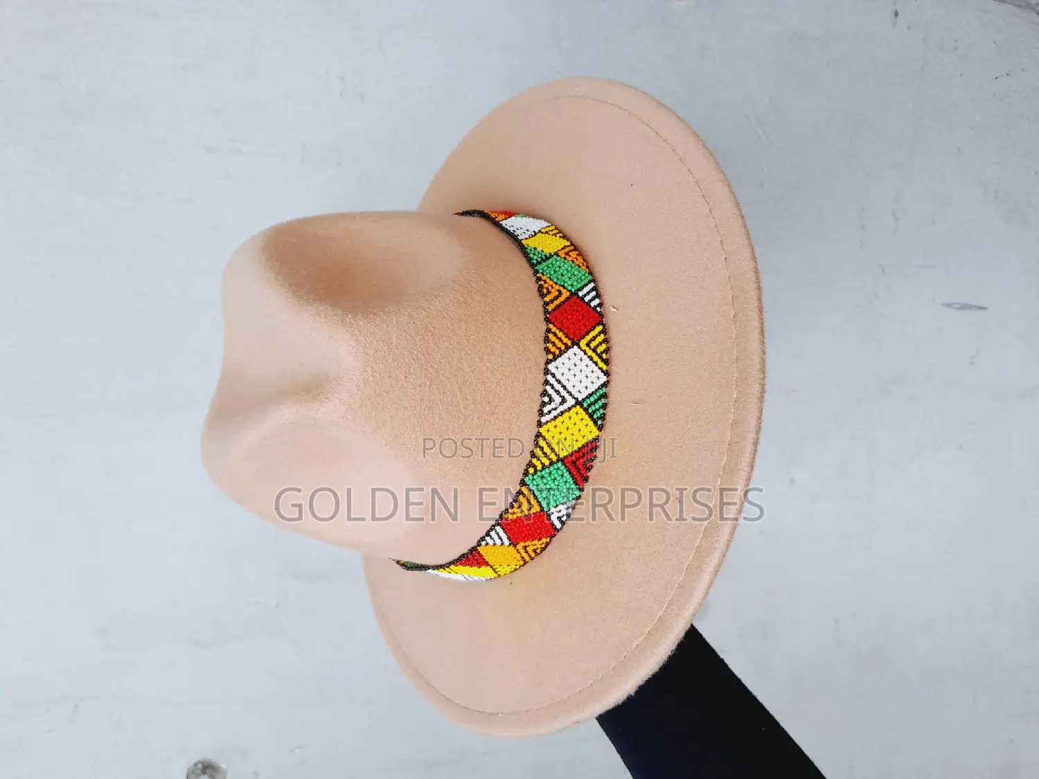 Beige Wide Brim Beaded Fedora Hat