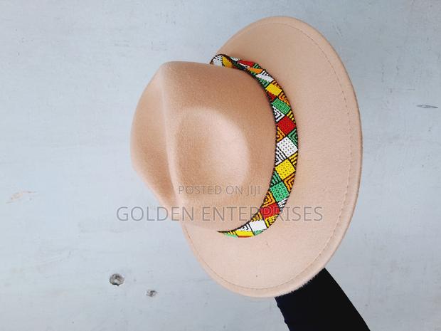 Beige Wide Brim Beaded Fedora Hat - thumbnail 2