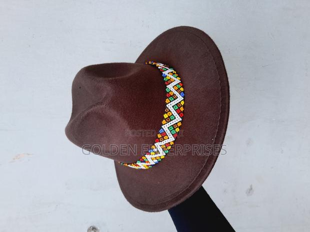 Dark Brown Wide Brim Beaded Fedora Hat - thumbnail 2