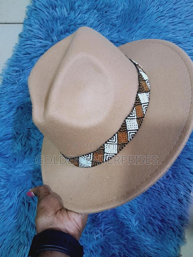 Beige Wide Brim Beaded Fedora Hat - thumbnail 5