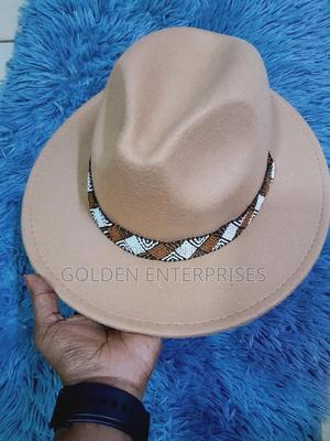 Beige Wide Brim Beaded Fedora Hat - thumbnail 2