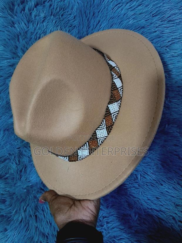 Beige Wide Brim Beaded Fedora Hat - thumbnail 3