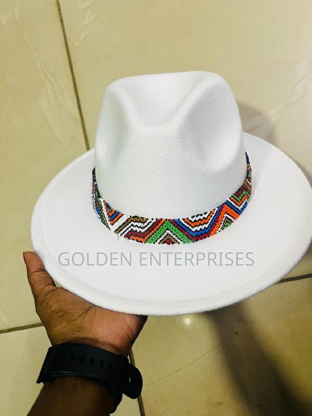 White Wide Brim Beaded Fedora Hat - main view