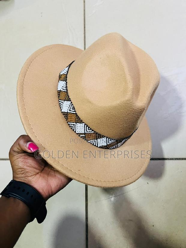 Beige Wide Brim Beaded Fedora Hat - main view