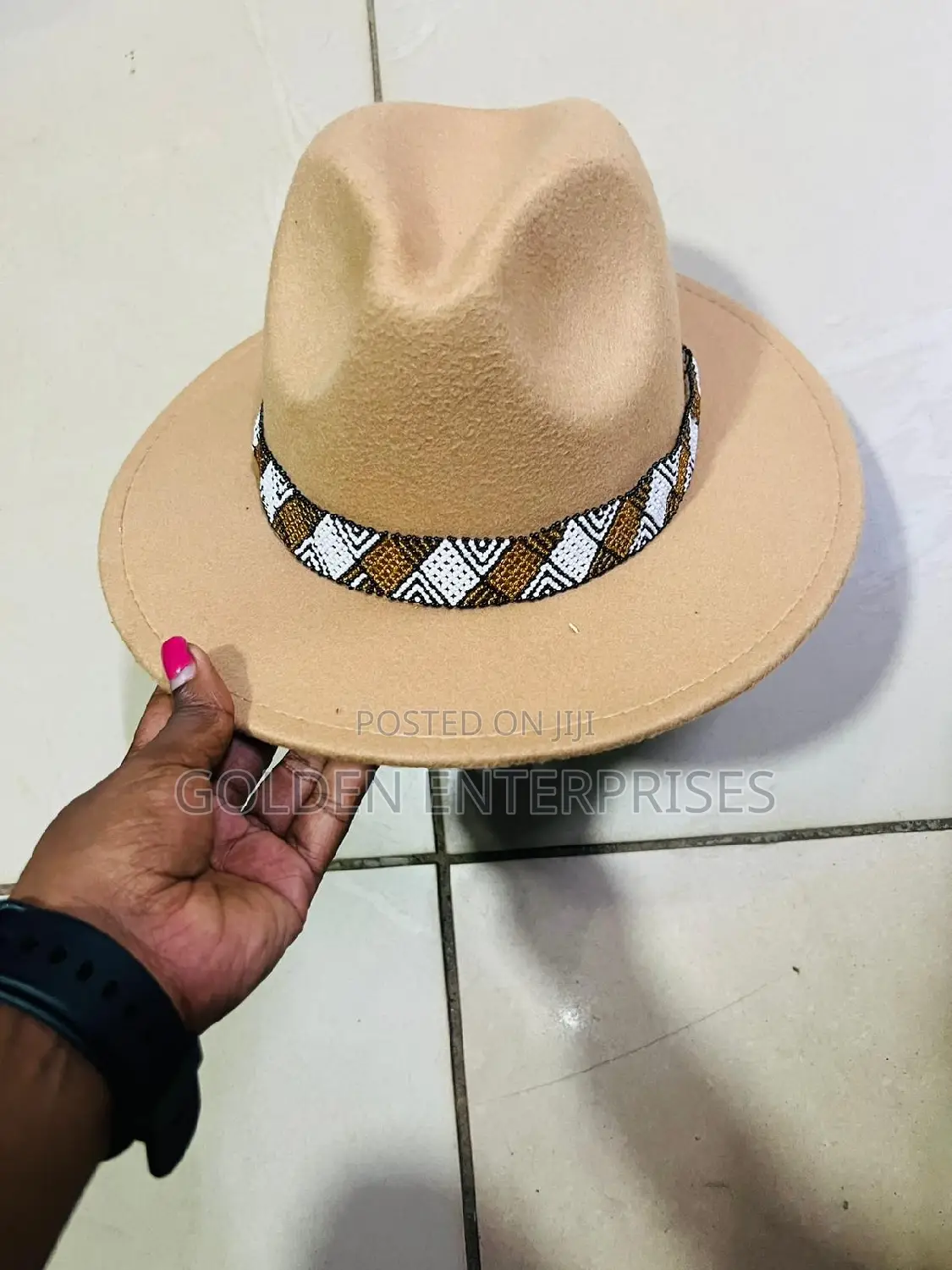 Beige Wide Brim Beaded Fedora Hat
