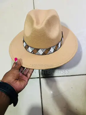 Beige Wide Brim Beaded Fedora Hat
