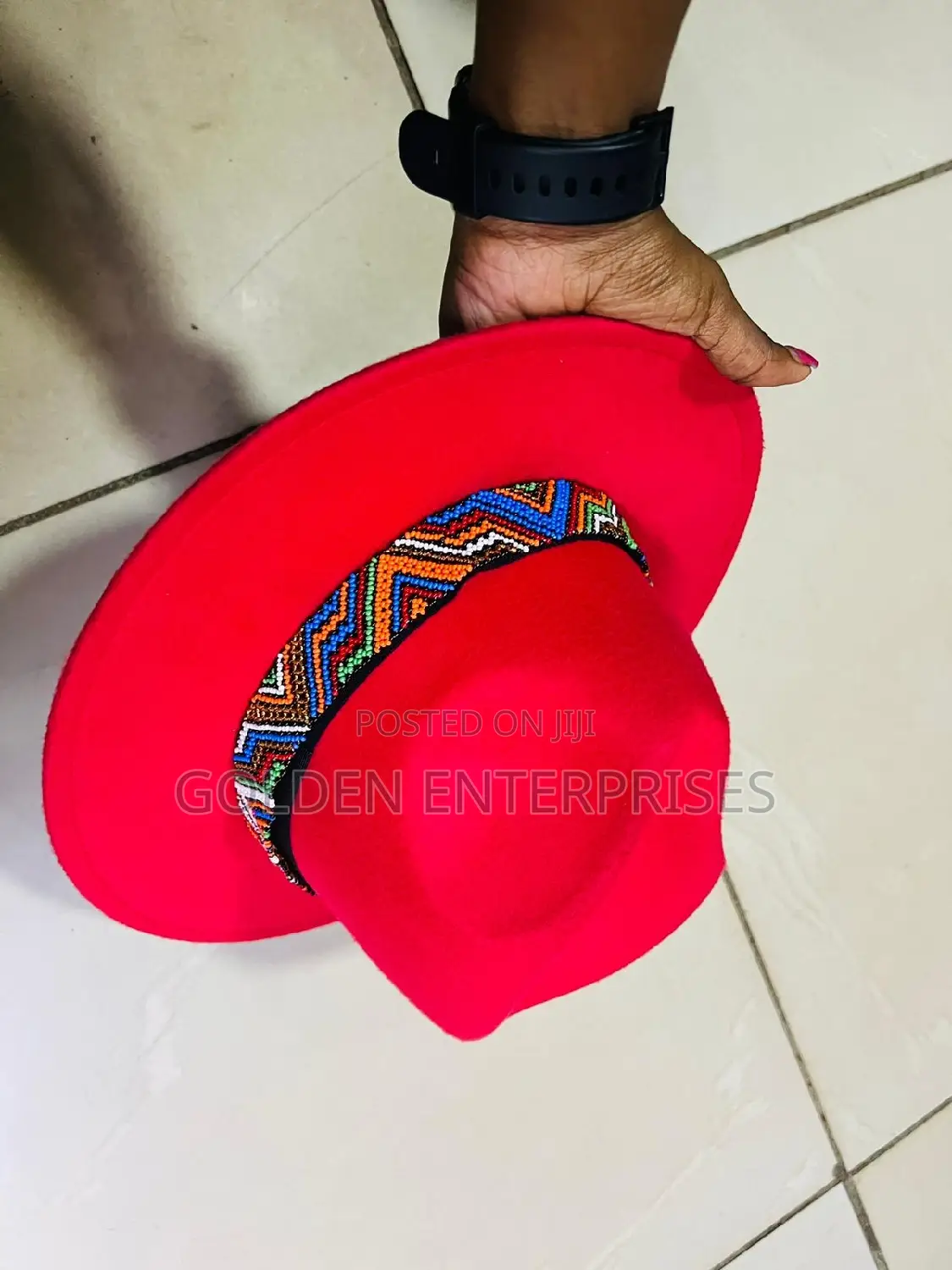 Red Wide Brim Beaded Fedora Hat