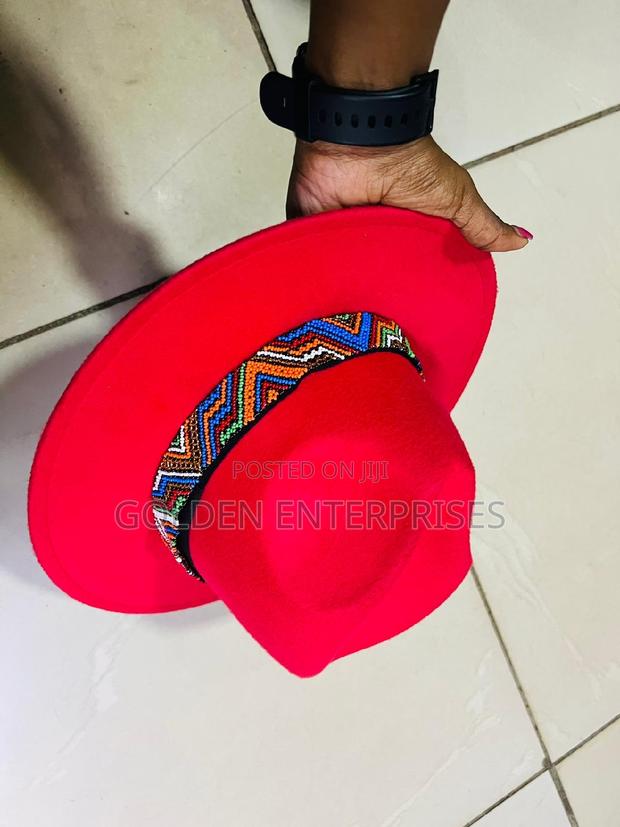 Red Wide Brim Beaded Fedora Hat - thumbnail 2